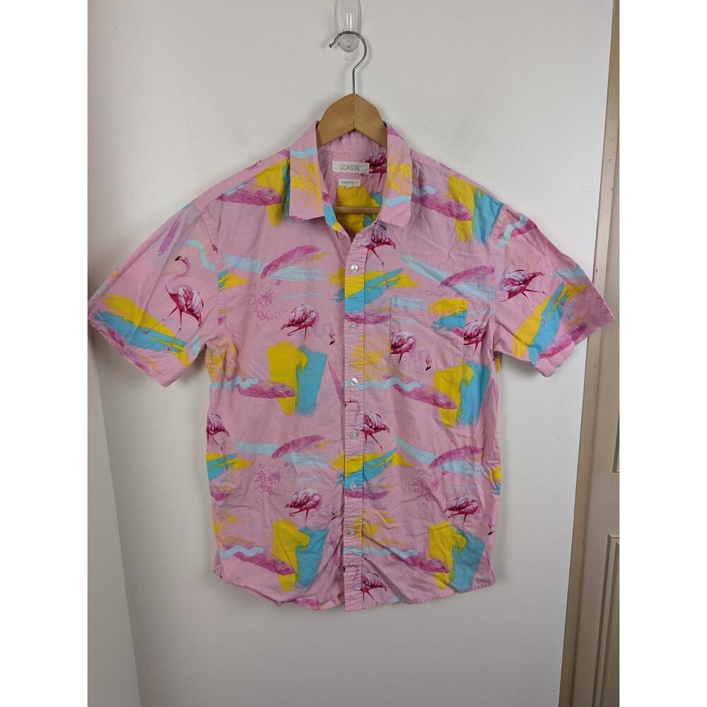 Coastal Mens Medium Pink Flamingo Button Down Short Sleeve Shirt Modern Fit M